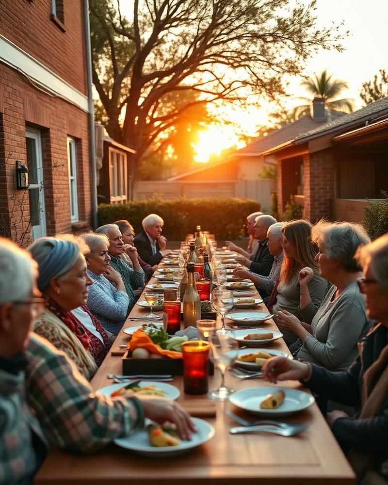 Neighbours sharing a meal at a long outdoor table at golden hour.