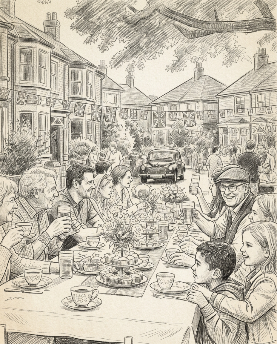 Hand-drawn pencil sketch of neighbours of all ages sharing a meal at a long outdoor table on a terraced street at golden hour, with visible hatching and warm sepia tone.