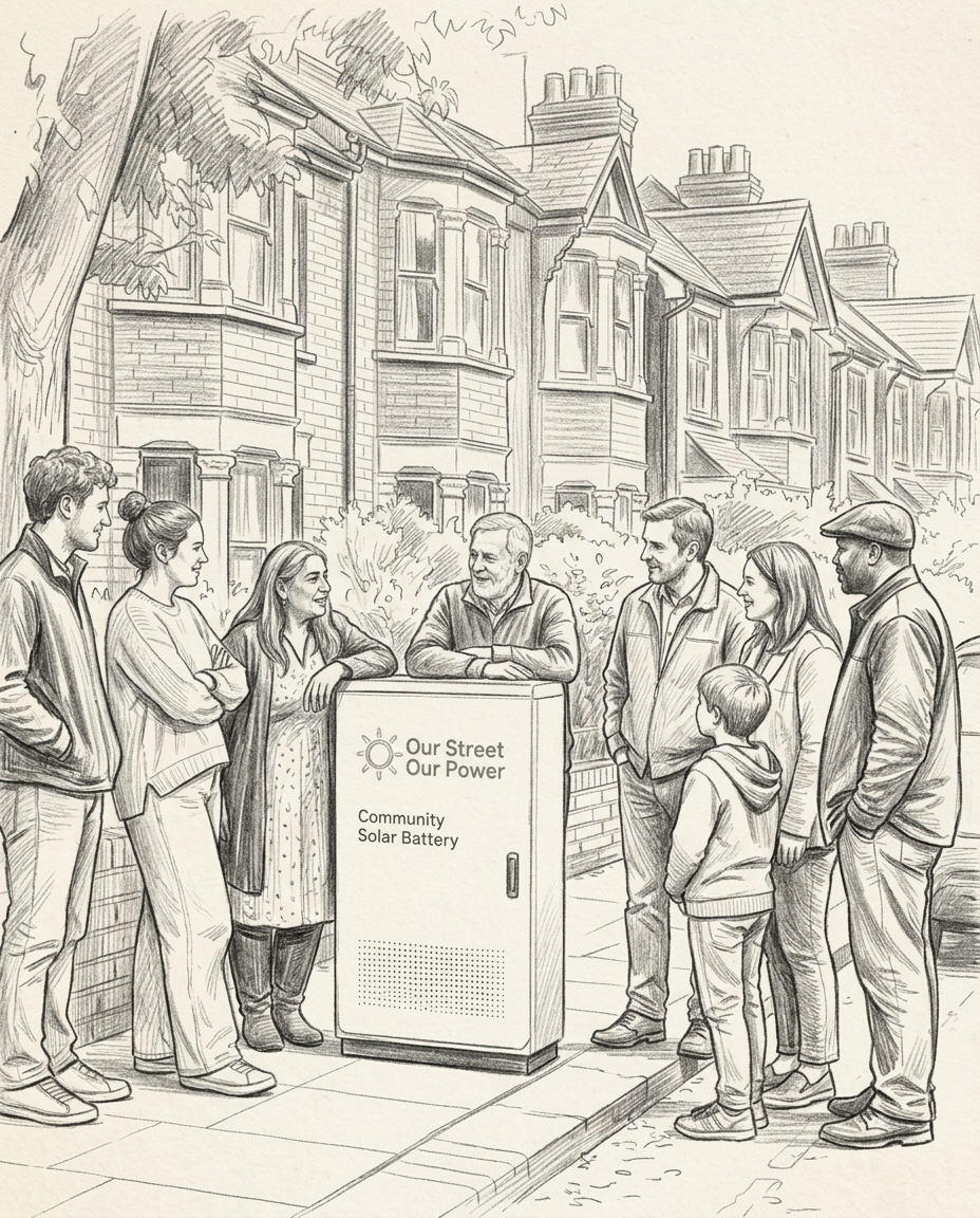 Hand-drawn pencil sketch of neighbours gathered around a small community solar and battery installation beside a house, drawn in graphite with warm sepia wash.