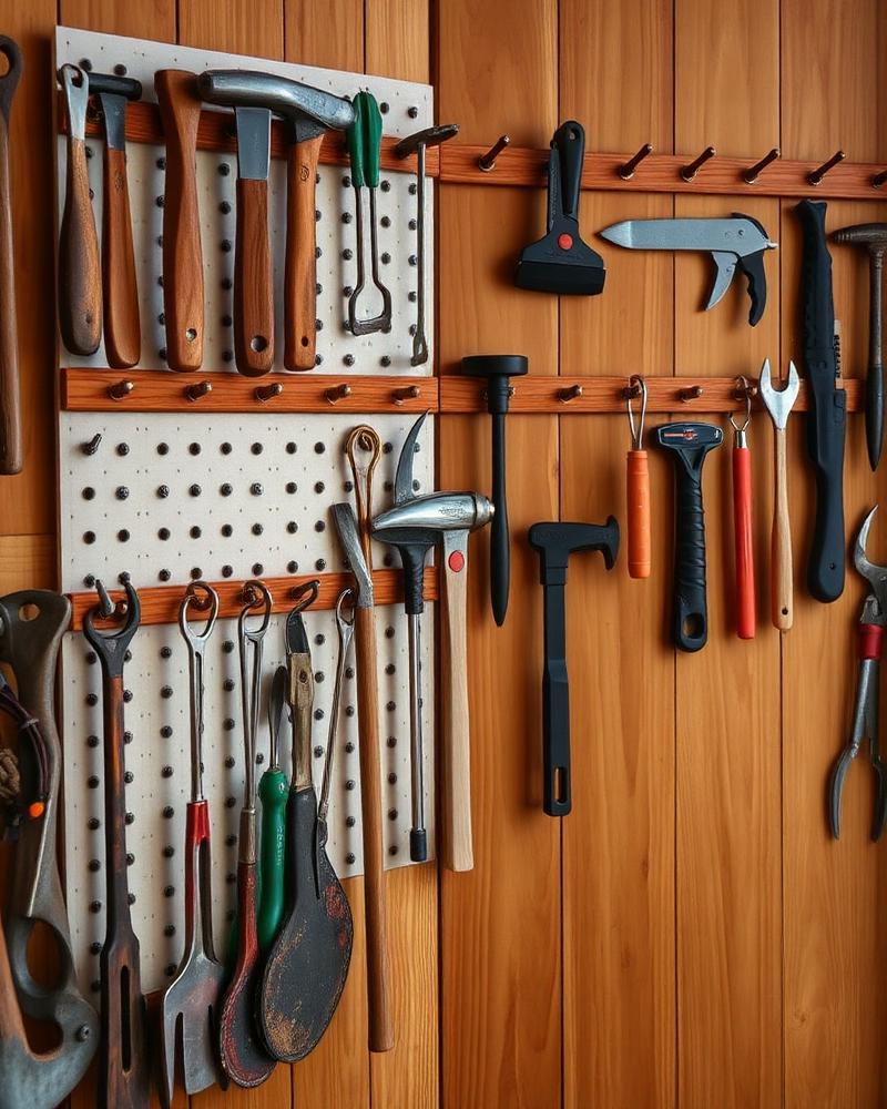 An organised community tool library on a wooden peg wall.